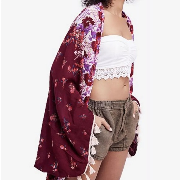 Free People wine Oversized Floral Tassel Kimono - Picture 2 of 7